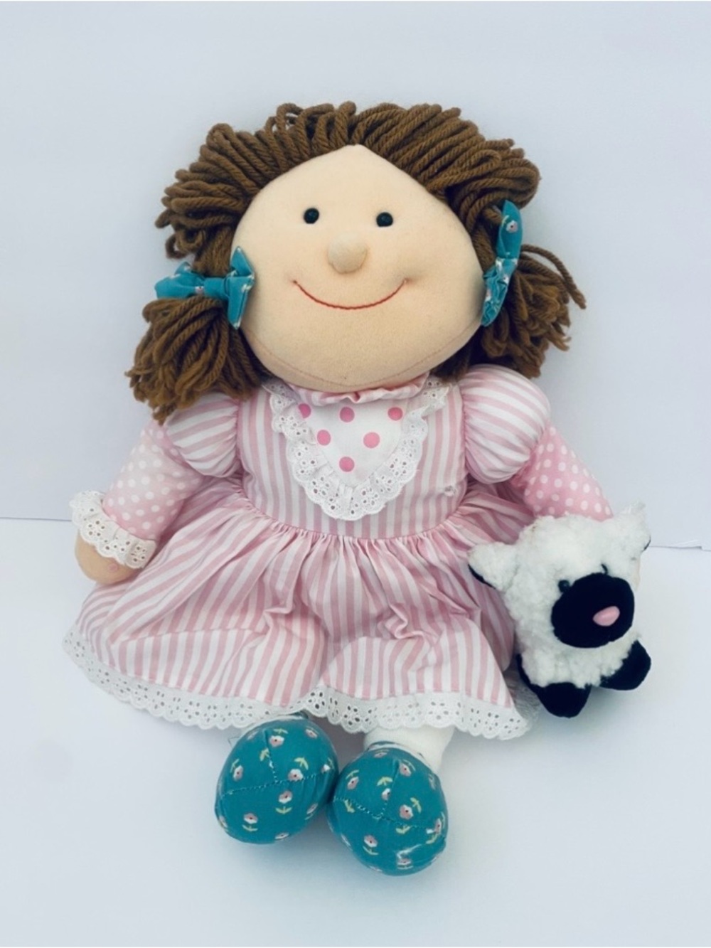 Vintage Soft Cloth Rag Doll Embroidered Face Yarn Hair Pink & White Dress Boots